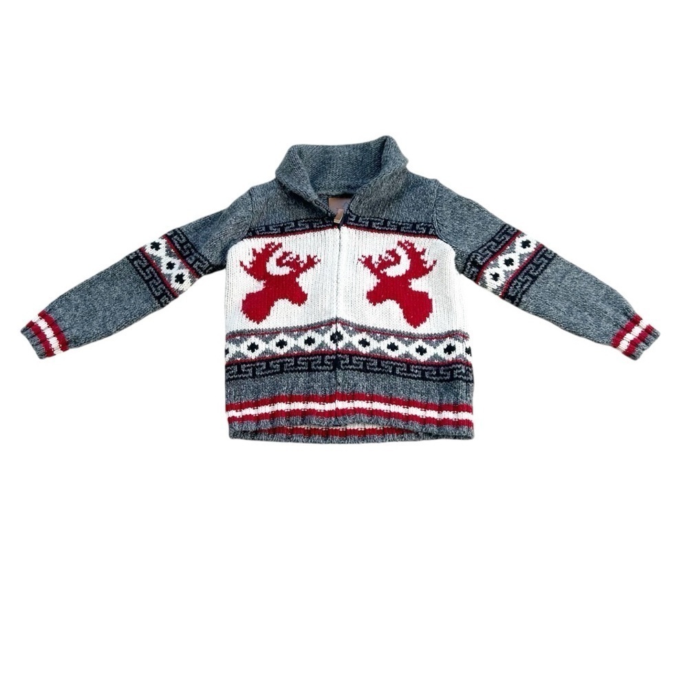 Knit Canadiana Grey, Red and Cream Sweater with Zipper Closure Moose Maple Leaf